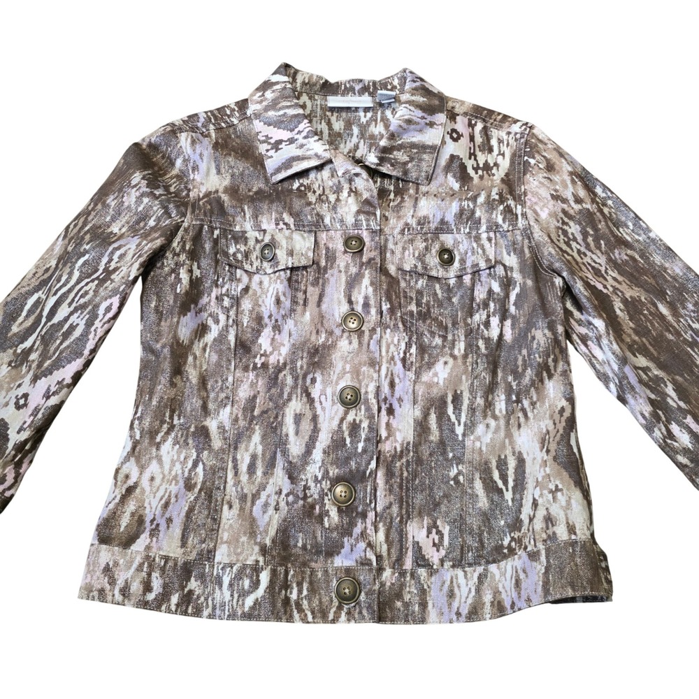 CHICO'S Abstract Print Metallic Trucker Jacket Womens Size 0(small)